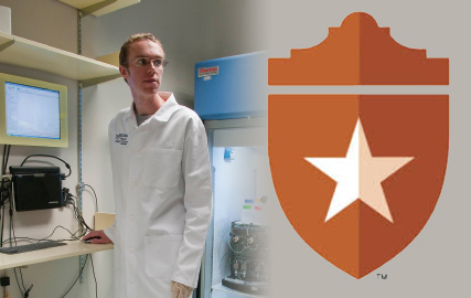 Student in lab with UT Health San Antonio shield logo image