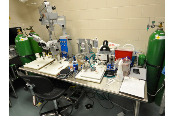 A laboratory bench with various instruments and tools.