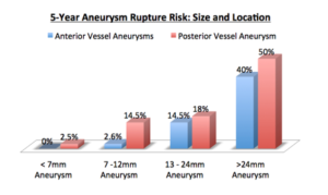 Medical diagram showing the rupture rate for aneurysms of different size ranges based on location of blood vessels.