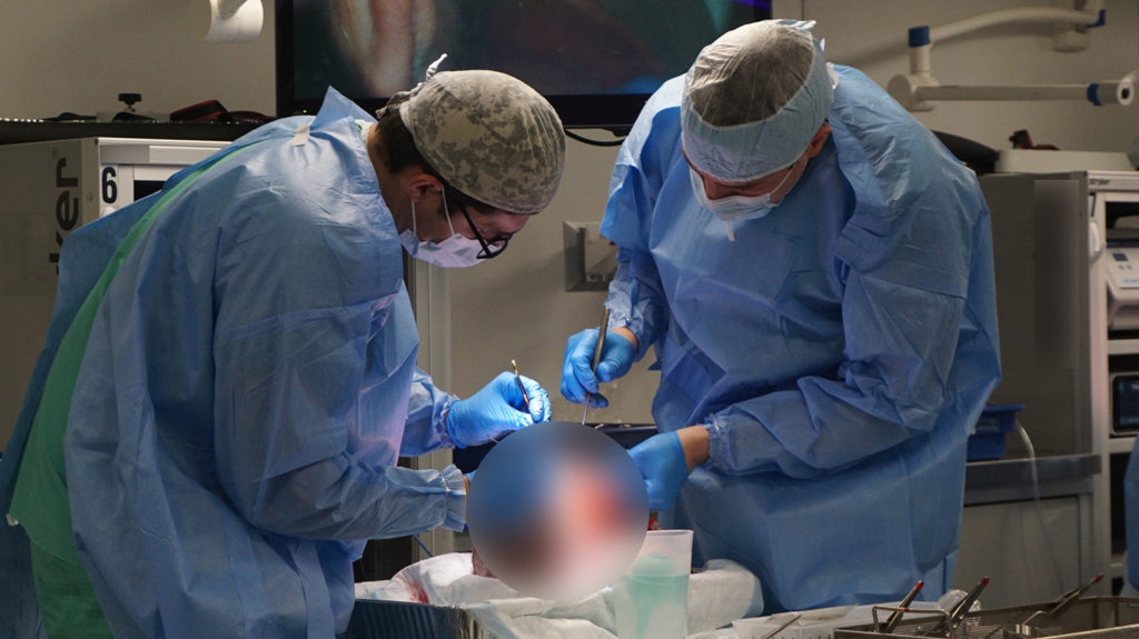 Two people dressed in scrubs lean over the blurred out image of a cadaver in the cadaver lab.