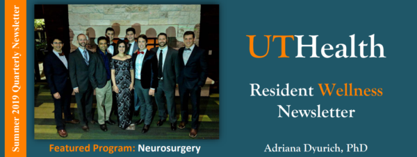Screenshot of the 2019 Resident Wellness newsletter featuring the residents from the Department of Neurosurgery.