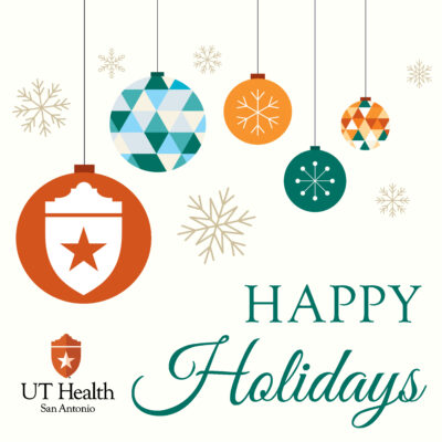 Graphic with colorful ornaments and holiday wishes from the department