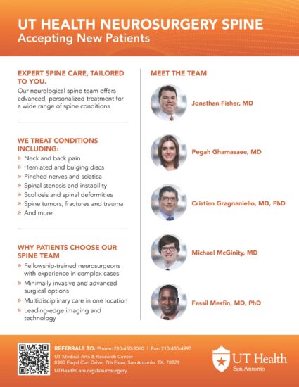 Spine Flier. Images of our spine doctors with conditions list and promotional content.