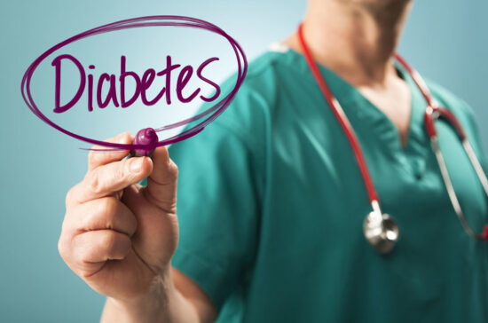 Diabetes Awareness graphic featuring a doctor writing a diabetes word with marker